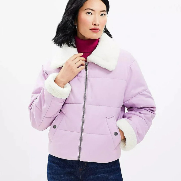 LOFT Petite Shearling Collar Puffer Jacket in Sheer Violet Zip Up Size  S NWT - Picture 13 of 14
